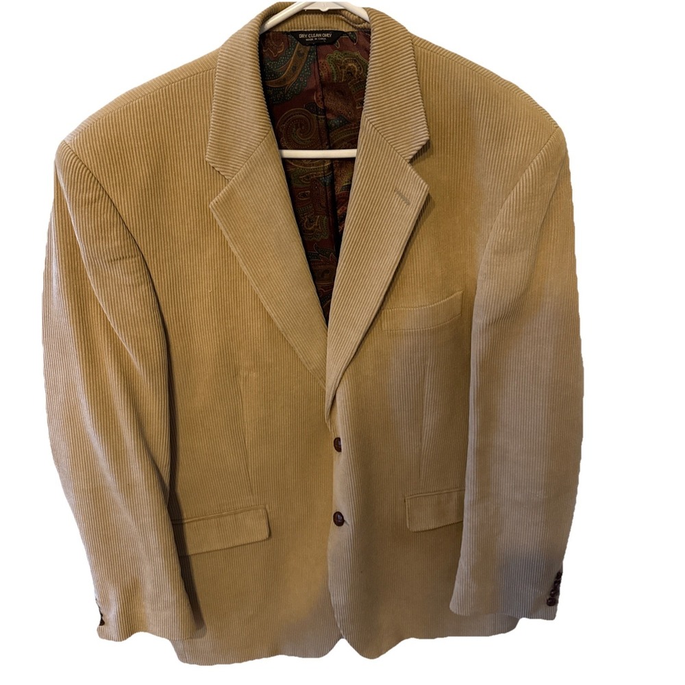Ralph Lauren Mens Camel Color Cordrouy Jacket 44L Paisley Lining Leather Buttons